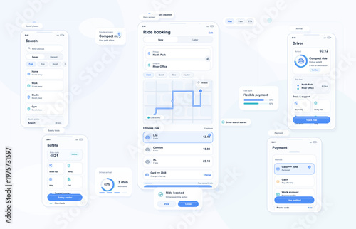 Modern ride booking app interface design showing search, route selection, ride options, payment methods, driver tracking, and safety features in a clean layout.