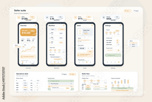 Modern dashboard interface for a mobile commerce seller suite, displaying sales analytics, order workflow, stock management, and payout settings on smartphone screens.