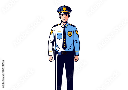 Illustration of a friendly police officer in uniform standing confidently
