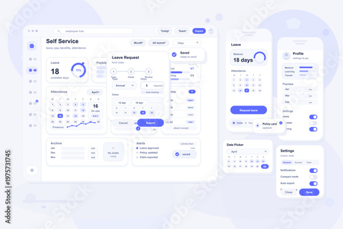 Modern user interface design for an employee self-service dashboard and mobile app, featuring leave requests, attendance tracking, profile management, and settings options in a clean, minimal style.