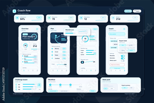 Modern fitness mobile app user interface design showing coach flow, workout planning, progress tracking, wearable sync, and export options in a blue color scheme.