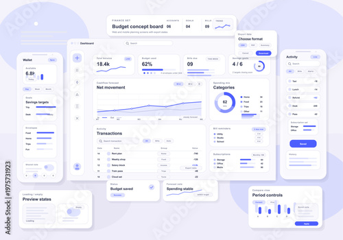 Modern finance dashboard and mobile app interface concept featuring charts, graphs, transaction lists, and budget tracking elements in a clean, minimal blue and white design.