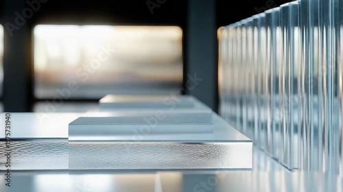 Transparent glass panels reflect soft light into an abstract geometric texture, evoking modern minimalist architecture with clear layers, depth, cool tones, and serene openness