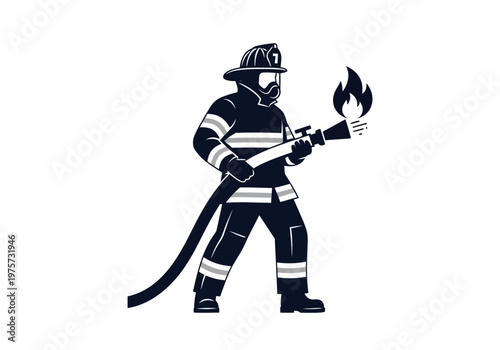 Illustration of a firefighter holding a hose with flames erupting from the nozzle, representing bravery and rescue services