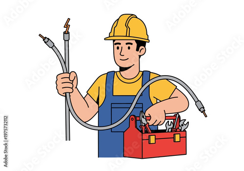 Skilled electrician in uniform holding cables and toolbox, prepared for work