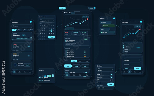 Modern dark-themed mobile app interface design showing dispatch management, workflow tracking, calendar scheduling, and settings panels with data visualization elements.