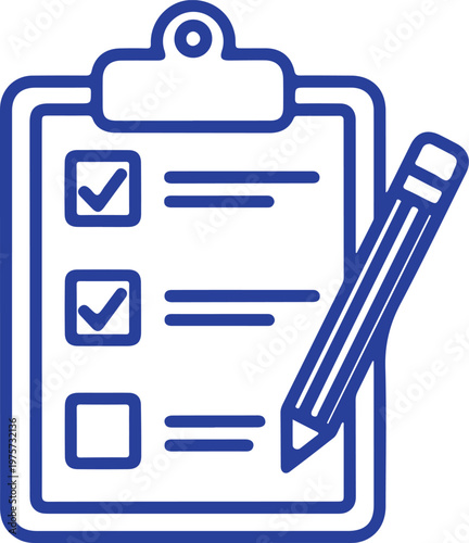 Blue checklist clipboard with pencil and check marks, to-do list concept