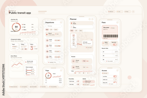 The screen shows various features of a public transit app. Users can view journey stats, departures, planners, passes, and alerts for public transport. The app helps plan trips effectively.