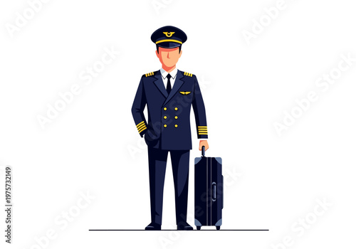 Professional airline pilot standing with suitcase, ready for travel