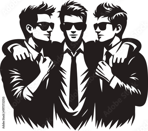 Three stylish men in suits and sunglasses with arms around each other depicted in a cool black and white vector illustration representing friendship teamwork and confident business partnership