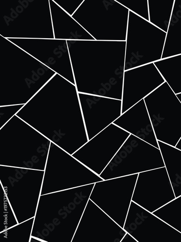 Modern abstract geometric pattern featuring fragmented black polygons outlined by white lines ideal for minimalist backgrounds and digital design