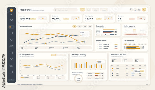Modern fleet control dashboard interface for public transport operations featuring charts, statistics, and real-time data visualizations in a clean layout.
