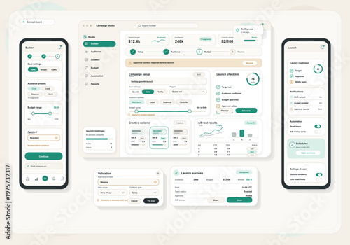 Modern user interface design for a campaign management dashboard and mobile app, featuring analytics, budget controls, audience presets, and launch scheduling tools.