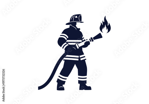 Illustration of a firefighter in uniform holding a hose with flames, representing fire safety and emergency services