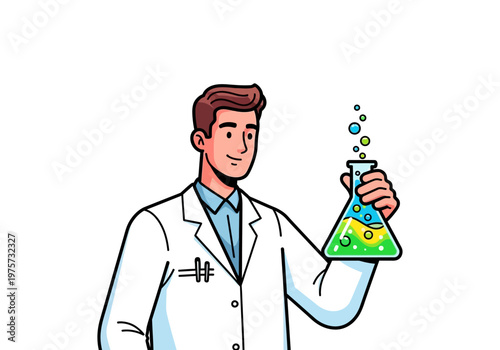 A scientist in a white lab coat holds up a beaker filled with a bubbling green and yellow liquid, isolated on a white background