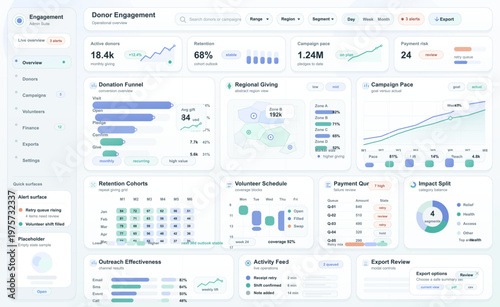 Modern dashboard interface displaying donor engagement analytics, including active donors, retention rates, campaign pace, payment risk, and regional giving metrics.