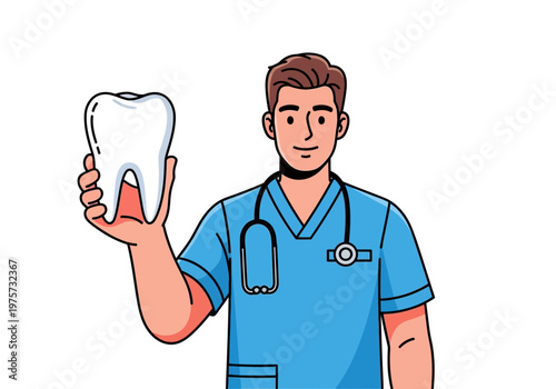 Professional dentist holding a large white tooth illustration, concept of dental health and care