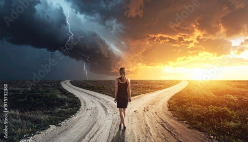 A person standing at a crossroads with one path dark and stormy and the other bright and open under golden hour light, metaphor for life choices and courage 