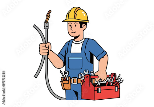 Electrician at work, holding cable and toolbox with tools, wearing hard hat and overalls