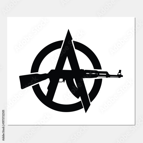 Anarchy symbol with an AK-47 assault rifle a powerful black and white vector illustration representing rebellion protest and anti-establishment movements