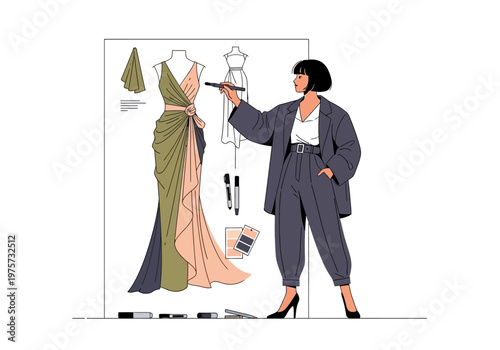 Fashion designer sketching a dress on a whiteboard, surrounded by design tools and inspiration