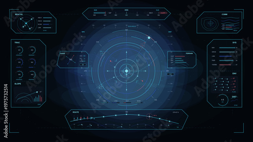 This shows a complex control panel with various indicators and graphs. It displays data related to navigation and tracking. The screen features multiple graphs and digital readouts.