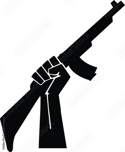 Black silhouette of a raised fist holding an assault rifle symbolizing protest revolution or armed conflict vector illustration isolated on white Background