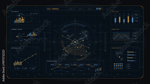 Futuristic user interface dashboard with data visualizations, charts, graphs, and control panels in a sci-fi style, featuring blue and yellow accents on a dark background.