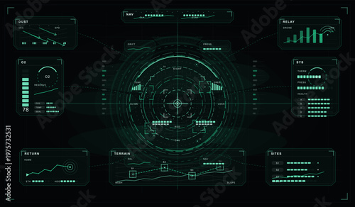 Data on various metrics like health, terrain, and system status. It is set up for monitoring and analysis. The layout includes graphs and readings.