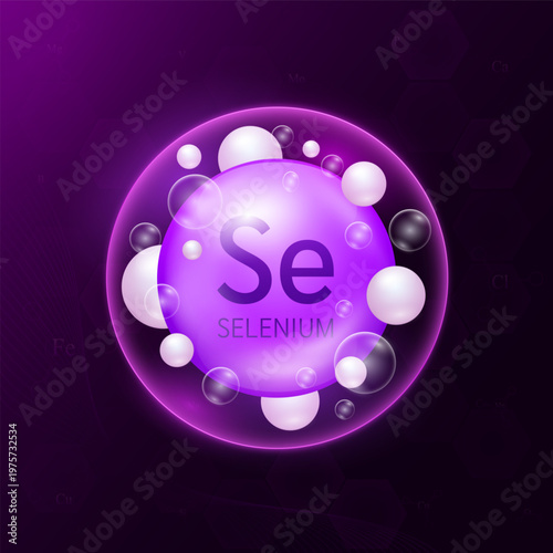 Atom molecular model of selenium minerals purple inside a transparent bubble on dark background. Essential supplement health. Science medical concept. Vector EPS10 illustration.