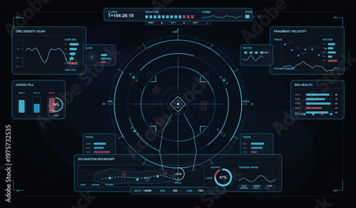 Futuristic digital dashboard interface displaying mining operation data, including ore density, cargo fill, rig health, excavation boundaries, and system status indicators.