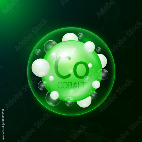 Atom molecular model of cobalt minerals green inside a transparent bubble on dark background. Essential supplement health. Science medical concept. Vector EPS10 illustration.