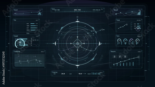 A control panel shows data from Mars. There are graphs and numbers representing different measurements. The information includes dust levels, atmospheric conditions, and vehicle status.