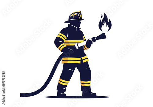 Illustrative depiction of a firefighter in uniform holding a hose with water spraying from the nozzle, symbolizing bravery and rescue operations