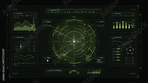 Futuristic green digital interface with radar, graphs, and data panels, resembling a sci-fi control dashboard for monitoring and analysis in a high-tech environment.