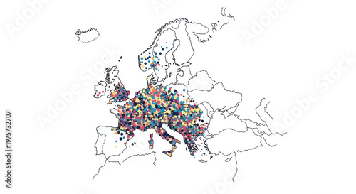 European map with colorful markers indicating data points across the continent on a white background