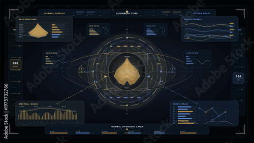 The screen shows a high-tech interface with graphs and thermal data. It displays system readiness, heat shield mapping, and flow readings. This appears to be from a control panel.