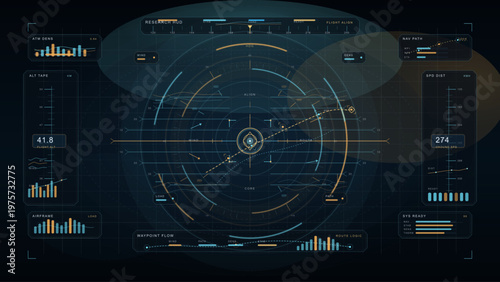 The display shows flight data with graphs and numbers. It includes information on altitude, speed, and system status. This is used for monitoring during a flight.