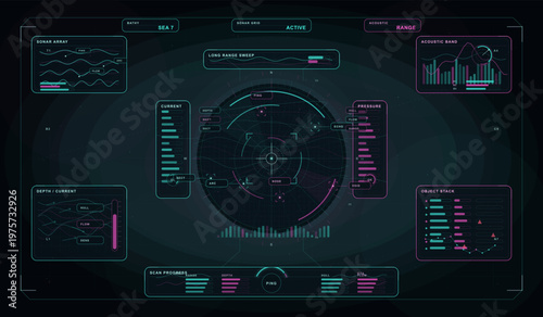 Futuristic sonar interface with digital radar, data graphs, and control panels in neon blue and pink, simulating advanced underwater navigation and analysis technology.