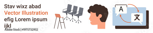 Language learning, translation services, remote work, business communication, education, virtual technology. Visual elements include a human head, computer screen and chairs. Language learning