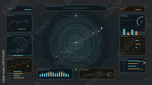Futuristic underwater cave mapping interface with sonar data, tunnel analysis, air reserve indicators, and various technical graphs displayed on a dark digital HUD.