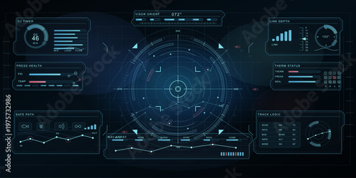A digital control panel displays various data metrics. The screen shows O2 timer, pressure health, temperature, and navigation details for monitoring and analysis.