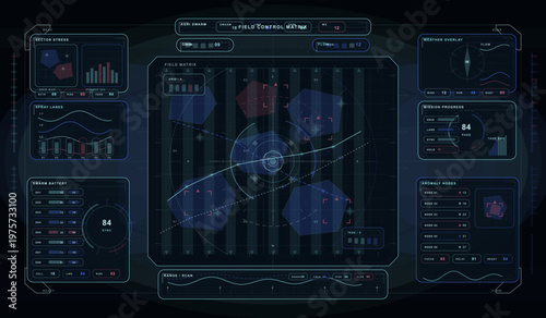 Futuristic digital dashboard interface with data visualizations, charts, and control panels, featuring a central field matrix and various analytical widgets on a dark background.