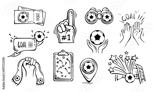 Football fan stadium equipment icon set for soccer championship. Supporters cheer for their team at the stadium using tickets and binoculars while celebrating a goal with fireworks