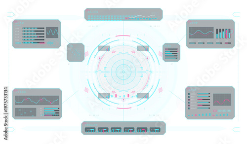 Futuristic user interface dashboard with circular central display, multiple data panels, graphs, and charts in blue, gray, and pink tones on a white background.