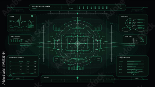 Futuristic digital interface displaying surgical guidance data, including vital signs, instrument channels, system readouts, and tracking vectors on a dark background.
