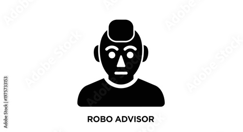 Black and white vector illustration of a robotic advisor icon on white background