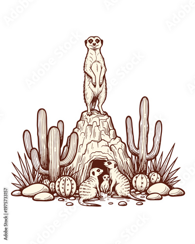 Meerkat family in desert landscape vintage engraving illustration
