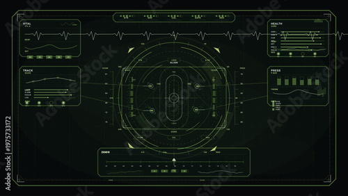 Futuristic green digital interface with circular radar, health and vital signs graphs, and various data panels on a dark background, resembling a sci-fi HUD display.
