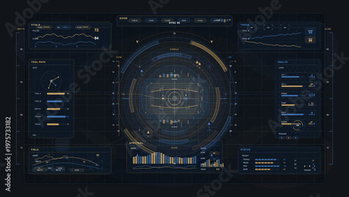 Futuristic digital dashboard interface with circular central display, various data charts, graphs, and control panels in blue and gold on a dark background.
